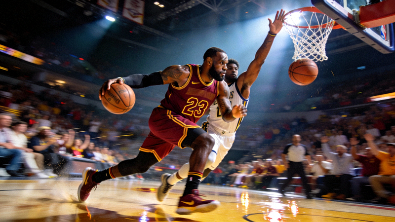 NBA篮球比赛关键时刻詹姆斯突破上篮精彩瞬间